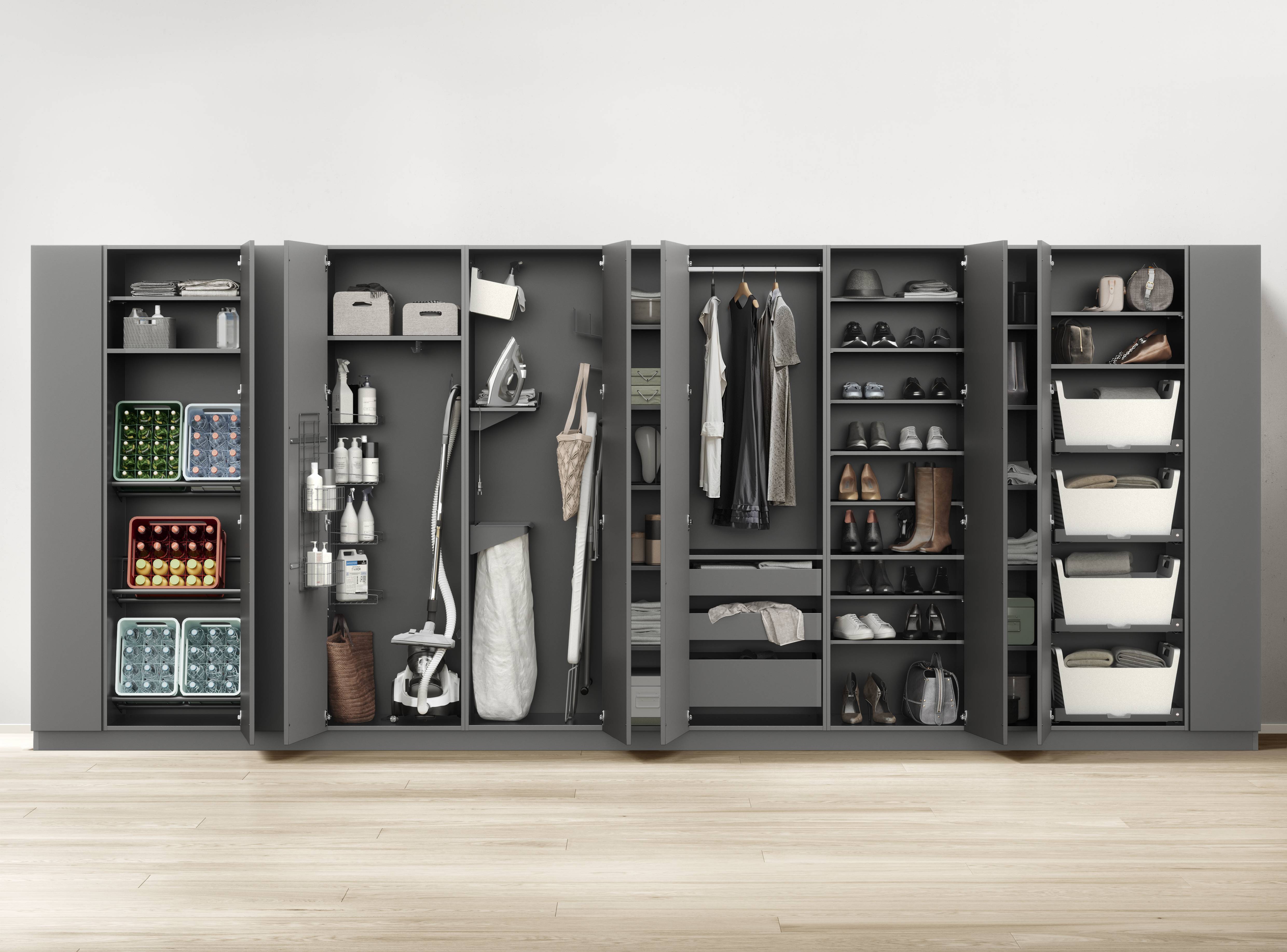Armoire dressing ouverte gris anthracite avec étagères, tringles et rangements intégrés. Armoire dressing ouverte gris anthracite avec étagères, tringles et rangements intégrés.